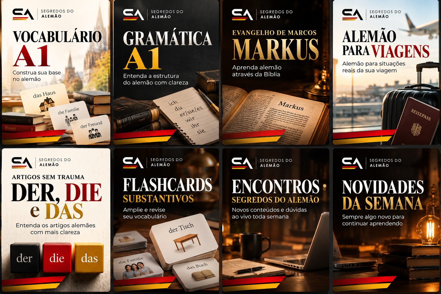Catálogo visual de cursos e conteúdos Segredos do Alemão