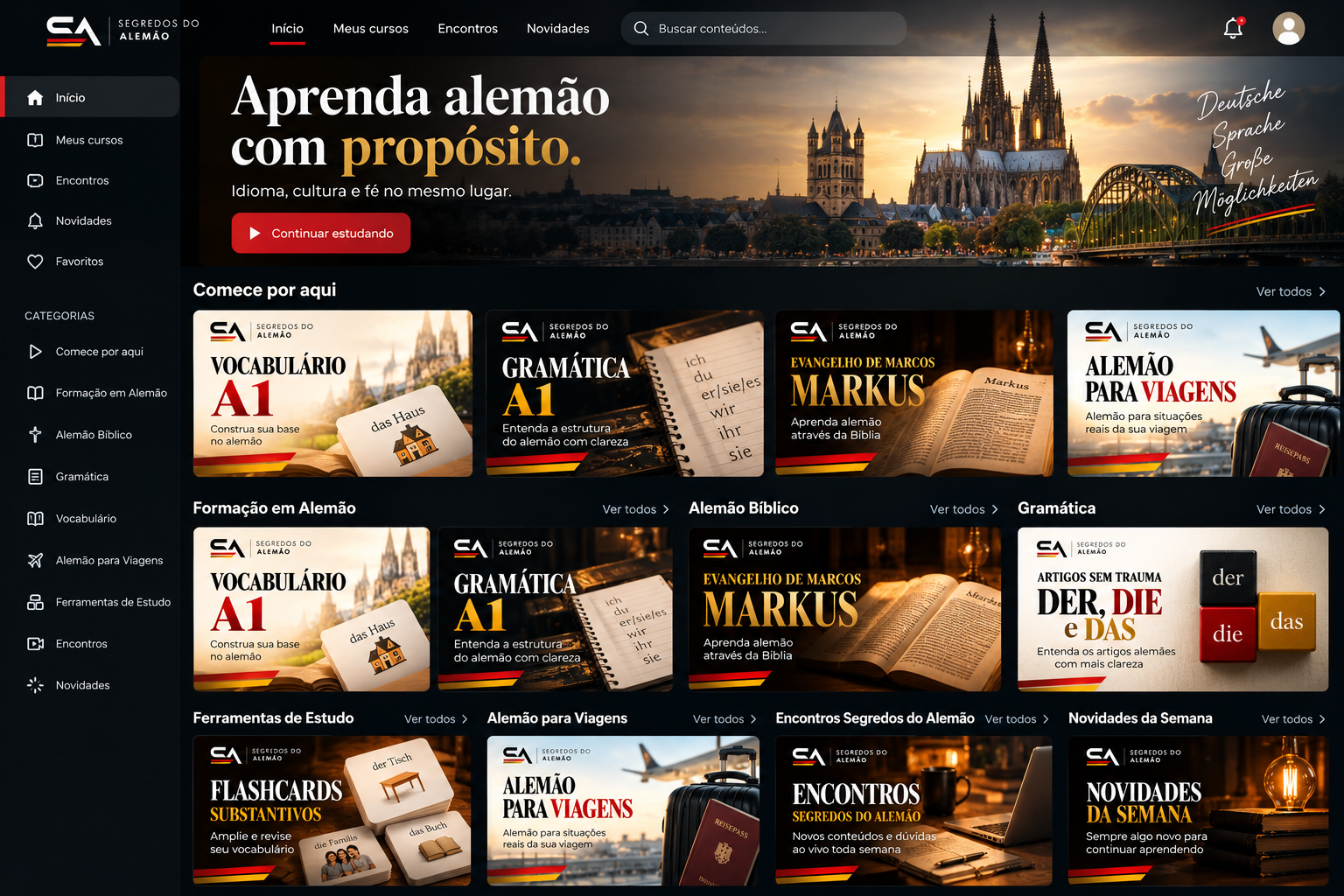 Prévia visual da plataforma Segredos do Alemão